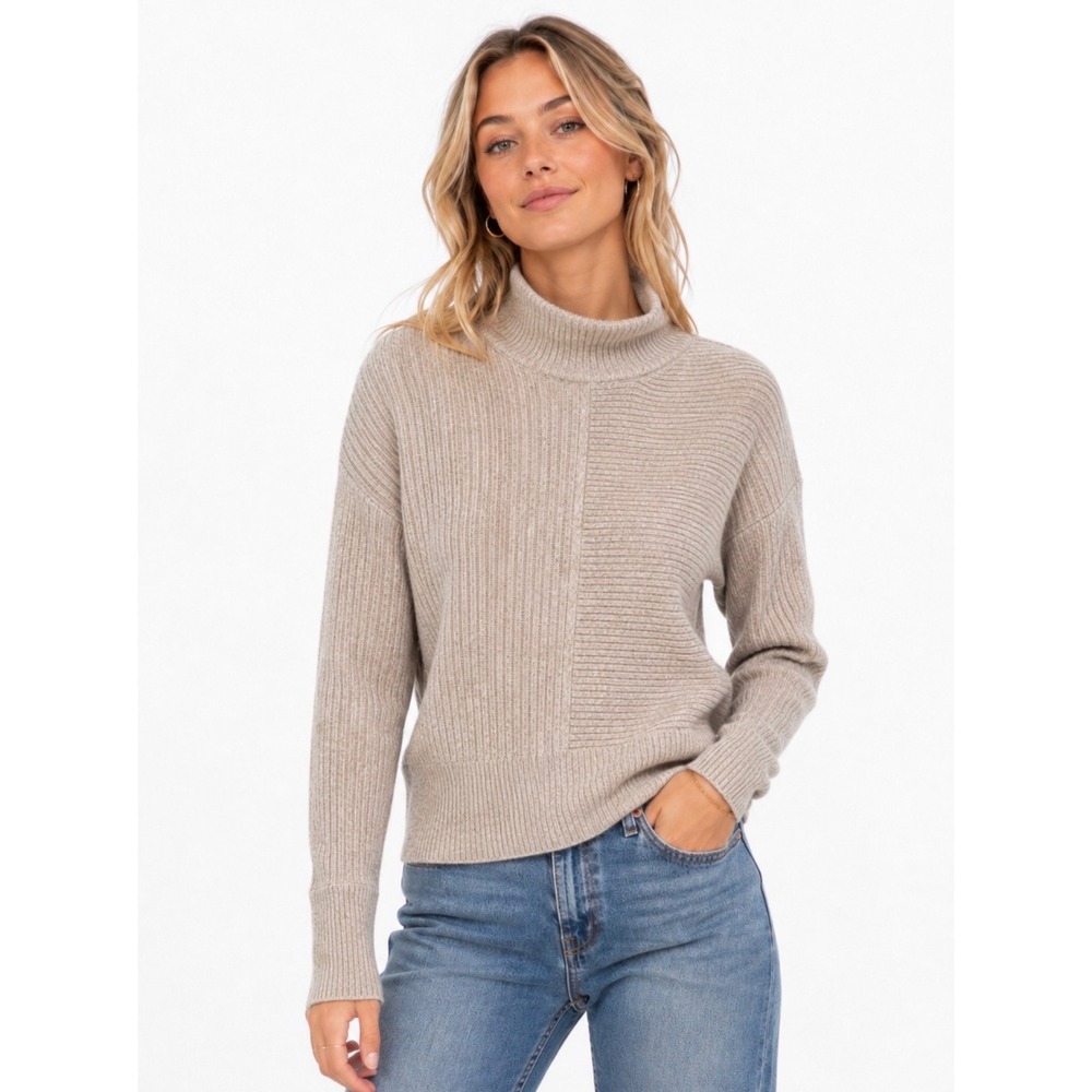 Summersalt Merino Wool Cashmere Contrast Rib Turtleneck Sweater Oatmeal Size XS
